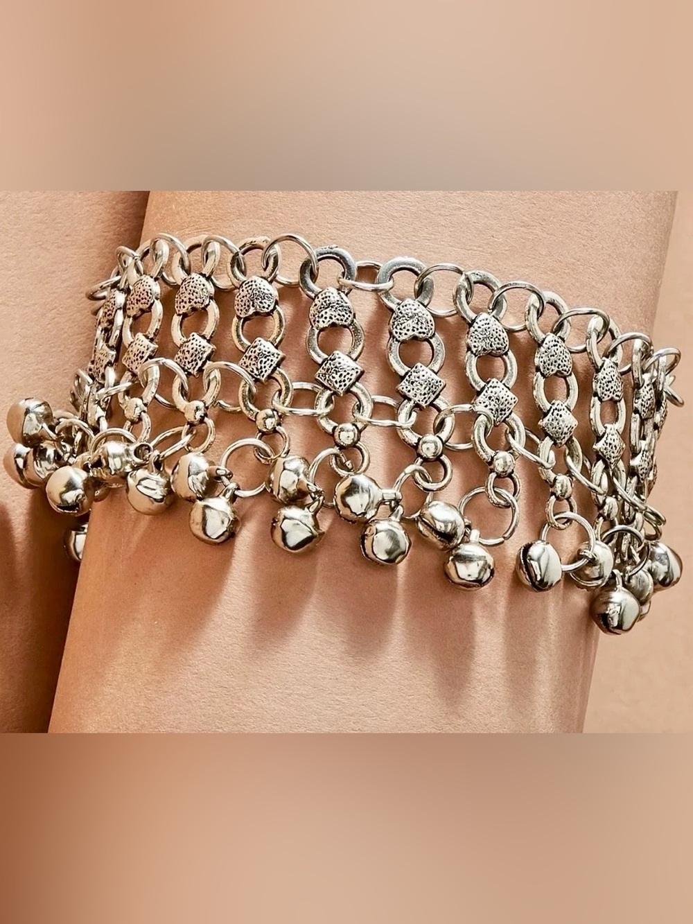 Silver Tone Bell w/Textured Heart and Diamond Link Bracelet or Anklet. 7 inches